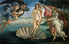 Botticelli, Italian. Birth of Venus, c. 1480. Early Renaissance -comissioned by the Medici family, it is Boticelli's recreation of lyrical painting of a poet's retelling go the Greek myth, Zephyrusm carrying Chloris, blows Venus, born out of sea foam on a cockle shell, to her sacred island, Cyprus. -the lightness and bodilessness of the winds propel all the figure without effort -draperies undulate and move easily in the gusts, Boticelli depicts Venus as ndude, very rare win Medieval art, obviously a change, the artist uses ancient Venus statues to help draw figure -he seems to ignore the new rules of linear perspective the background appears flat devoid of atmospheric perspective -his paintings possess rhythm and lyricism that appealed to Florentine patrons