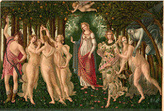 Botticelli, Italian. Primavera, c. 1482. Early Renaissance -commissioned by the Medicci family, was one of if not their favorite Florentine artists, focused on lyricism and rhythm, not as technical as other Early Renaissance painters -Botticelli was a master of the contour line, method of using pure contour line with light shading within the contour -he was clearly a master colorist, it features frieze like figures of classical inspired figures in the foreground and a lush background of orange trees in honor of the patron. -Venus stands just to the right of the center with her son cupid overhead, reveals a portion of key that forms a kind of halo over her head -the Three Graces based on antiquity (but clothed) are target of Cupid's arrow, based closely to ancient prototypes -ice cold Zephyrus , the west wind, is about to carry out nymph Chloris, whom he transforms into Flora, goddess of spring, -the sensuality of the representation, the appearance of Venus in springtime, and the abduction and marriage of Chloris all suggests that the painting was commissioned on the occasion of a Medici wedding