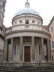 Bramante, Tempietto, 1502, Rome 
-pagan architecture and Christian theme, which was common in the Renaissance 
-no inscriptions 
-peristyle columns 
-hemispherical dome 
matryrium to commemorate St. Peter