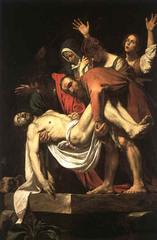 Caravaggio. Italian. Entombment of Christ, 1603. Baroque. -in 1600 there was a conscious changing of the style from Mannerism, reformers came at the beginning of the 17th century -Carvaggio (most important reformer) came to Rome in 1600, begins to paint in a much more naturalistic fashion -his deposition, lower of Christ into the tomb -figures are more naturally proportioned, colors are more naturalistic, red and yellow white and brown colors you see in nature -emotions are represnted in a way we can relate to, human emotions (specifically Greek) -Carvaggio has a preference of strong ontrsts of light and dark (very deep shadows) -most paintings in earlier periods, evenly lit so the light is even over the entire painting -generally in Baroque there is strong light and dark contrasts, can wee parts of the pictures fading into thdistance -shadow carves the figure Chiarosturo (light dark) -picture is organized on basis of strong contrasts -space comes forward in Baroque period, as well as backwards, space begins to be an aspect of the picture that unites the viewer with the composition Stone beneath the figures come out into your face Can tell whih direction the light is coming form, fairly high, falls in the figure below Stone Is projecting into your space in an illusionistic fashion Open composition, comes out towards you, envelops the viewer Naturalistic colors, natural proportions to figures, openign of compisiton, compositions based on diagonal ressession as opposed to linear perspective (no perspective in mannerism) Diagonal line across picture plane towards picture, Mary Magdaline in the background
