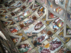 Ceiling of Sistine Chapel by Michelangelo, High Ren
- very long, wide 
- inexperience w/fresco technique
- height above pavement : 70 ft
- curved vaults difficult :(
- less than 4 years, 400 figures + 
- redemption, fall, creation of humanity 
- corridor of narrative panels describing creation, hebrew prophets, pagan sybils on curved sides 
- 4 corner pendentives = 4 old testament scenes, david, judith, etc 
- triangular compartments - ancestors of christ 
- nudes separate panels, sitting on pedastles, pairs of putii in grisalle tech 
- figures strongly outlined against neutral tone of architecture 
- painted to be sculptures, beauty of body and natural form, psyche 
- lots of bright colors 
- women are pronounced, mannish