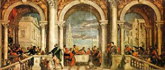 Christ in the House of Levi by Veronese, Venetian
 - gigantic scale 18x42' 
- majesty of classical architecture
- arches w/columns, divided by huge columns
- italian loggia, outdoor porch/pato area
- chief steward - act of 'welcome'
- impiety? creatures like commoners, different races, so close to the Lord, dwarves, dogs, etc. =_=
- basically last supper 
- symmetry, balance, every color on color palatte