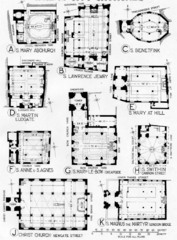City Churches, plans, 1670-1686, C. Wren, London, England.
- Wren supervised the building of 52 new churches
- Regular geometric designs