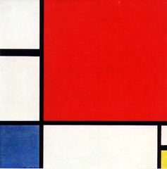 Composition with Red, Blue and Yellow Piet Mondrain. 1930 C.E. Oil on canvas Represents a mature stage of Mondrian's abstraction. It seems to be a flat work, but there are differences in the texture of different elements. While the black stripes are the flattest of the paintings, in the areas with color are clear the brushstrokes, all in the same direction. The white spaces are, on the contrary, painted in layers, using brushstrokes that are put in different directions. And all of these produce a depth that, to the naked eye, cannot be appreciated.