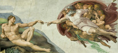 Creation of Adam by Michelangelo, High Ren
- center of sistine ceiling
- unformed landscape
- adam not yet made, earthly, material, concave shape
- god in billowing cloak, life to adam, convex shape .. connects w/shape of adam
- off-center, more dramatic
- movement through line of bodies 
- link to christ and madonna in brain shape, rise/redemption of man 
- motion, musculature, controppasto
- god's cloak = brain and cortex, humanism and intellect