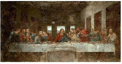 Da Vinci, The Last Supper, 1495, tempura and oil paint, Milan

scene of Christ with his 12 apostles, each seated in 3 groups of 4 showing Da Vinci's attention to math and symmetry 
the moment is the reaction to Christ announcing that one of them will betray him 
the facial expressions and hand gestures are very obvious, showing the use of humanism and realism in the Renaissance 
unable to enter the space. The piece is actually placed 10-15 ft above our eye, creating a divide between us and the divine world 
BREAD AND WINE 
Judas holding the silver, reaching for BOWL at the same time to symbolize the betrayal 
very simplified, no decor and windows are plain and symmetrical (Davinci was more intellectual and strait forward)