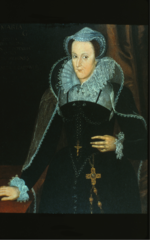 dark colors. Waist is pointed. Mary Queen of Scots Headdress. split ruff, square neckline, whisk