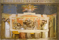 Death of St. Francis by Giotto, Proto-Renaissance
- Lamentation, grieving over St Francis
- longer, taller figues 
- profiles, hand gestures, groupings of people, etc still very same as 'Lamentation'
- solemnity, less dramatic emotion