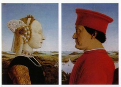 Della Francesca 
known for humanism, use of geometric form, perspective
interested in N. Renaissance art, often borrows ideas, landscape, sense of imagination, composition (geometry of painting)/ organization
commissioned by Duke Federico da Montefeltro (1467-72)
painting features Duke's late wife, Duchess Battista Sforza shortly after her death in order to commemorate her
High forehead, plucked, is borrowed from the Northern artists and ideals, as well as the detailed landscape
looking at landscape from above, towering over, powerful and authoritative 
Profile based off coin of ancient Rome
Usually profiles are done facing the right, like the wife is, Duke is facing left (towards his wife, looking at her) either to show affection and personal connection or because the Duke had suffered injury on the other side of his face which caused him to lose an eye and part of his nose
Diptych joined by a hinge. When closed painting of two chariots becomes visible. The chariot on the left with the white horses has the Duke and a personification of Justice (holding scales) and on the right chariot with the brown unicorns is the Duchess and her virtues- used imagination to create sense of nobility and iconography
Sense of harmony, symmetry, geometry, idea of perspective, classic portraits all = classic Renaissance