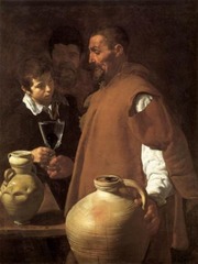 Diego Velazquez, Spanish. The Water Carrier of Seville, 1619. Baroque. -unusual scenes, everyday life scenes, giotto scenes -he is shown with a large waterjug on the surface of which you can see all of the lines on the jug caused by the wheel -handing a glass of water to the little boy, in that glass of water there is a fig to refresh it -light comes in diagonally, very interesting figure who like the jug is treated for his shape and formm -as if the artist is trying to compare the two, a utilitarian useful and powerful figure like this massice jug of water -very naturalistic, a representation of an everyday life scene (genre picture) -