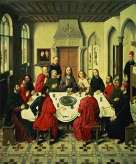 Dirk Bouts
Last Supper, center panel of the Altarpiece of the Holy Sacrament
Louvain, Belgium
1464-1468
Oil on wood
- One of the earliest Northern European paintings to employ single-vanishing-point perspective, this last supper includes four servants in Flemish attire, probably portraits of the altarpieces patrons