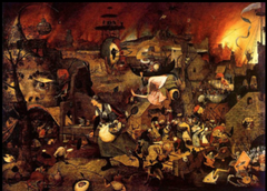 Dulle Griet
Artist: Pieter Bruegel

Themes
-Gender: women in hell; they led the world to wrath and ruin
-Illusion/Contemporary allegory: political leaders in 1560s were leading people to doom