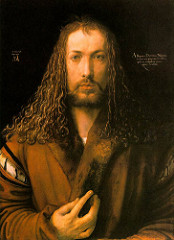 Durer, Munich, painting, Self Portrait, 1500
This portrait shows the artist fully frontal, which was a pose that was generally reserved for Christ 
Dürer studied art in Italy and brought his knowledge back to his home country of Germany 
equating his skills with Christ as Christ gave him his talents