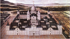 Escorial (Aerial View) by Herrera, 16th Cen N Ren
- Rugged terrain surrounding mausoleum, church, monastary, palace. Gridlike plan for huge complex, way huge
- Grid plan - grid iron of St Laurence who was martyred, patron sain of escorial
- Philip II's character - austere, cautious, passionate catholic, pride in dynasties, wanting to impose will on the world 
- insisted on simplistic design, severe, noble w/out arrogance, majestic w/out ostentation 
- result: doric order severity from classicism, grandeur of st peter's
- 3 entrances w/dominant central portal
- pediment, italian fasion, portico breaks severity of horizontal
- 4 massive square towers, punctuate corners, stress on central axis, later ties into baroque facade
- 2 portals, rises up, draws up focus side areas complex
- made of granite, hard to work with - lol philip - starkness and gravity - massive and austere, blocky walls, rounded arches, overwhelming strength and weight - collaboration of great kind, architect