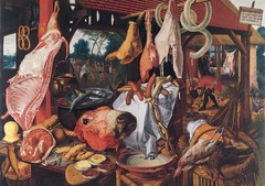 Figure 23-17 PIETER AERTSEN, Butcher's Stall, 1551. Oil on wood, 4' 3/8