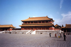 Forbidden City Beijing, China. Ming Dynasty. 15th century C.E. and later. Stone masonry, marble, brick, wood, and ceramic tile It stands for the culmination of the development of classical Chinese and East Asian architecture and influences the development of Chinese architecture. The largest surviving wooden structure in China is surrounded by 7.9 meters (26 feet) high walls and 3,800 meters (2.4 miles) long moat.