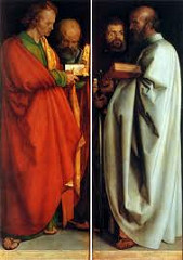 Four Apostles by Durer, 16th Cen N Ren 
- Lutheran style, city fathers of Nuremberg, to be hung in city hall, personal attitude towards religion, supposed to personally viewed
-John, Peter, Mark, Paul 
- Title - misnomer - Mark as angelican
- St Peter church in Rome, placed behi d John, focused on bible along - lots Lutheran - Single truth - w/gospel excert 
-- Bottom - translations to italian, at nottom 
- falseness
- sioutyality 
- synnnnetrical ib sgiw okay