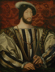 Francis I by Clouet, 16th Cen N Ren 
- painted background, heavy texturing of cloth, opulent dress
- worldly prince in brocades w/chain, pommel of dagger, order of st michael 
- sense of him - seems to be looking down at audience - sneaky/sly look
- open/relaxed hand position - no power or determination 
- great lover, gallant situations, so debonair
- cut off by frame, alludes to greatness as hero, suppresses modeling 
- lack of light and shadow for modeling