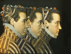 French princes with old-fashioned hair styles similar to women in the medieval period. The flowers are for a special occasion. Note the ruffs, earrings. Note the shaping of the collars.