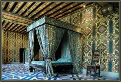 French Renaissance. Chateau de blois. Catherine Medici's Bedroom. Heavy painted beam ceiling, Draped four corner bed. elaborate pattern on floor and walls.