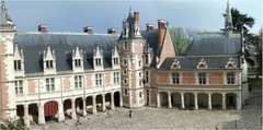 French Renaissance. Loius 12th wing of Chateau de blois. Black pitched roof, dormers, depressed arch.