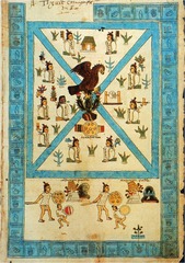 Frontispiece of the Codex Mendoza Viceroyalty of New Spain. c. 1541-1542 C.E. Ink and color on paper The artist emphasizes the military power of the Aztecs by showing two soldiers in hierarchic scale: they physically tower over the two men they defeat. The Codex contains a wealth of information about the Aztecs and their empire