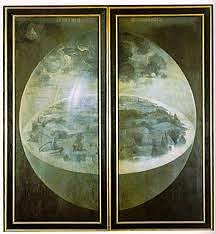 Garden of Earthly Delights (Closed) by Hieronymous Bosch, 15th Cen. N Ren 
- theme of doom - satire or pornography? heresy? orthodox fanatic most popular idea. 
- triptych 
- visionary world - devastated earth, what earth was to look like
- figure in corner = god or angel? 
- early surrealism/sex? 
- marriage/sex/procreation ideas? 
- painted for palace of Henry 3rd