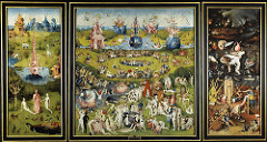 Garden of Earthly Delights (inside) by Hieronymous Bosch, 15th Cen. N Renaissance
- left: creation of eve: cult for Adam/Adamists - anti-feminists, blamed women for basically everything 
- Eve : incarnation of original sin, she is presented to Adam in a way that Adam is almost excited 
- man in center presenting = christ or god
- very calm, false/odd paradise, real/fantastical animals: horned giraffe?, elephant, unicorn. Also weird rocks, space odyssey, etc
- Center panel : Garden of Earthly Delights - false paradise on Earth 
- things contributing to sin, what will eventually send people to hell 
- ravens= evil, owls= witchcraft, egg= sex and alchemy (latter especially w/glass references), 
- alchemy: glass and beakers - glass = good fortune, but easily broken .. people wanted to create gold, failed, sent to hell, very temportal 
- afterlife is more important 
- ladies scheming in pool, generally being evil
- fruits = prostitution, etc
- rodents = lies
- birds = demonic themes, sitting watchful 
- dead fish = lost promises, memories of joy 
- interracial couples, ooh how scandalous 
- shellfish = aphrodesiacs 
- Hell: right panel: actual hell, music theme pervading, as wickedness is in music
- punished people w/instruments 
- generally people being hurt w/ different instruments, various stabbings, eating, mockery of copper pot
- if man is left to his own devices, he shall be damned 
- lots of details despite not being extremely ... normal