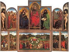 Ghent Altarpiece by Jan Van Eyck, 15th Cen. Northern Ren 
- luminous enamel-like surface from oil paintings, much more layering and realism, deep tonality, sharp edge and clarity, render appearances SO realistic
- tempura and oil paint on wood 
- outside just surface, real truth on inside 
- Vyd was diplomat retainer, lots of connections, Vyds = doners, represented in bottom outside niches, in prayer, gaze illusionistic stone sculptures versus patron saints 
- John the Evangelist 
- grisalle style in niche
- top: annunciation, flemish landscape of town
- lily flowers in angel's hands - resurrection, crucifixion, etc
- upper arched panels - old testament prophets writing about coming of christ, pagan figures in center see coming of messiah , minaturistic 
- pearls on clothing, super realistic 
- inner panels : adam and eve, singing angels, god, mary, st john the baptist and redemption of sin w/ god's infinite love, sacrifices own son for redemption of mankind 
- god inscription on robe, states sacrificing love, hand up as teacher, temporal worldly crown, tiara on head. 3-tiered, various inscriptions about sacrifices of god, kindly father - tapestry over throne has stylized pelicans representing self-sacrificing love, symbolized sacrifice 
- Mary, queen of heaven, detailed w/alternating flower types, love/sacrifice, crown w/12 points : 12 apostles, above her head, virtue/purity
- St John the Baptist has quote about how great he is 
- Eve - pear-shaped body, holding apple, bad but still all forgiven
- bottom - lamb in center w/holy spirit above, rays of divine light, bleeding into chalice to symbolize eucharist, entire altarpiece read, lamb = christ 
- around: community of saints, back w/holy virgins, other side w/representatives of church, martyrs, apostles, people on knees reading gospels
- outer bottom panels - 4 virtues symbolized in groups of people: knights/fortitude, church judges=justice, hermits/temperence, pilgrims=prudence
