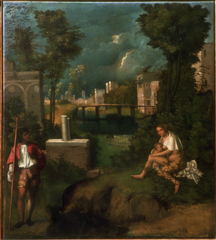 Giorgione. Italian. The Tempest,c. 1510 High Renaissance. -Venetian artist, student of Bellini, much of the credit is given to him for developing the poetic manner of painting -Bellini was his teacher, came from a town near Venice -displays interest in poetic qualities of the natural landscape inhabited by humans -dominating the scene is slush landscape, stormy skids and lighting in the middle background threaten the tranquility of the pastoral setting -pushed off to both sides are the human figures- a young woman nursing a baby in the right foreground and a man carrying a halberd (a combination spear and battle-ax) on the left -much debate over the painting, possibly no definitive narrative to the piece, which is appropriate for the Venetian poetic rendering -some scholars suggest biblical or mythological narratives -the debate heightens the uncertainty and enigmatic qualities of the piece -died very young after leaving Bellini's workshop -secular painting, done for a bedroom or a sitting room of a wealthy Venetian -archiecture in the distance -Venetian art is characterized as being poetic, with interest in landscapes, less architecture -mother wither her child at right and left hand side is a soldier wearing tight pantaloons and carrying a spike -could be virgin marry and Joseph, BUT not represented correctly,. Not a soldier, also she is nude from waste down -looks like post classical times (town in the background) -could be a storm cloud, get sense people are being enveloped by the storm cloud in the background, looks like it might be lightning -died of the plague, had great potential