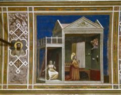 Giotto. Italian. Annunciation to St. Anne. Interior of the Arena Chapel, Padua c. 1305 Italian Gothic oWings are stuck, blessing St. Anne, outside space there is woman holding yarn spindle thingy oCreates a very believeable three dimensional space, space box, placing figures within have a great sense of weight oLegs are arranged so you can see her lap oDrapery helps understand the body oWithin a naturalistic space, bodies turn slightly towards us oGive depth, Giotto very early for depth like this oInspires Rennaisacne about 100 years later