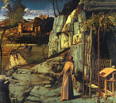 Giovanni Bellini, Saint Francis in the Desert, c. 1480, oil and tempera on poplar, 124.5 x 141.9 cm (The Frick Collection, New York) . 
No stage props of divinity
Artists are interested in interpreting the stories of the bible form fully naturalistic ways
Getting this hidden symbolism from the Renaissance
Grapevine refers to the eucharist, the wine, blood of Christ
Plants are identifiable by species
Interrelation between the spiritual and real world
May be the most extensive treatment of landscape to this day
Bellini has enlarged the background, drawing off but not like other Renaissance painting
Expression of humanism in Renaissance
Our natural world can ennoble us