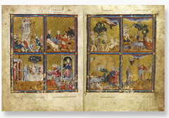 Golden Haggadah (The Plagues of Egypt, Scenes of Liberation, and Preparation for Passover) Late medieval Spain. c. 1320 C.E. Illuminated manuscript (pigment and gold leaf on vellum) The book was for use of a wealthy Jewish family. The holy text is written on vellum - a kind of fine calfskin parchment - in Hebrew script, reading from right to left. Its stunning miniatures illustrate stories from the biblical books of 'Genesis' and 'Exodus' and scenes of Jewish ritual.