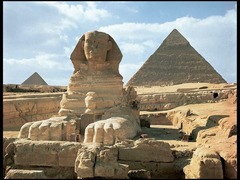 Great Pyramids (Menkaura, Khafre, Khufu) and Great Sphinx Giza, Egypt. Old Kingdom, Fourth Dynasty. c. 2550-2490 B.C.E. Cut limestone. The Great Sphinx is believed to be the most immense stone sculpture ever made by man. (stone, tombs, statues, animal symbolism)