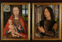 Hans Memling. Netherlandish. Portrait Diptych of Martin van Nieuwehove. 1487. Northern Renaissance/Early Netherlandish -portraits placed in an understandable space, highly realistic -The donor on the right panel, Maarten van Nieuwenhove of Bruges, was born November 11, 1463. He belonged to a patrician family whose members held prominent positions both in the government of Bruges and in the Burgundian court. About five years after this portrait was painted, Maarten became a councilor, then later the captain of the civic guard, and finally the mayor of Bruges (in 1498). He died on August 16, 1500, at the age of 36. -Hidden symbols: The apple, Christ will redeem humanity, reference to Adam and Eve -inscription that -convex mirror reveals they are in the same room, gives more clues about the space -coat of honor for the can Nieuwehove family -Saint Martin on the right