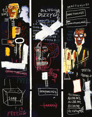 Horn Players Jean-Michel Basquiat. 1983 C.E. Acrylic and oil paintstick on three canvas panels Honed his signature painting style of obsessive scribbling, elusive symbols and diagrams, and mask-and-skull imagery by the time he was 20.