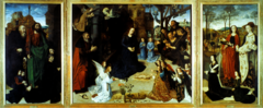 Hugo Van der Goes, Flemish/Netherlandish, Adoration of the Christ Child (Portinari Altarpiece), Northern Renaissance/Netherlandish. 1476-This large-scale Flemish work is actually in a family chapel in Florence, Italy. -Hugo painted the triptych for an Italian sip owner and agent for the powerful Medici family of Florence. -The patron appears on the wings of the altarpiece with his family and their patron saints. -The central panel depicts the Adoration of the Shepherd, -Hugo display a scene of solemn grandeur, rather than the more typical joyous celebration related to this occasion -The Virgin, Foseph and the angels seem to brood on the suffering that is to come rather than meditate on the Nativity miracle -From the right the three shepherd enter, with powerful realism in attitudes of wonder, piety, and gaping curiosity. -The wintry northern landscape unify the three panels, many symbols as Campin and Eyck and Bouts used -The Iris and columbine flowers symbolize the sorrows of the virgin -The fifteen angels represent the Fifteen Joys of Mary. -Huge revives medieval pictorial devices, small scene in the background of the altarpiece, the flight into Egypt, the annunciation to the Shepherd, and the arrival of the magi. -after this was placed in the family chapel in a Florentine church, caused lots of stir among Italian artists. -They admired the incredibly realistic details.
