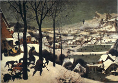 Hunters in the Snow by Bruegel, 16th cen N Ren
- Part of group depicting seasons
- cold, harsh winters
- peasants - satirical look at society
- grey to represent cold, chill
- lines like chinese landscapes, utilization of line for spacial recessions
- reddish browns to draw eyes, make path, fade out into distance 
- warm colors create temperature in painting
- huge amount of detail, so minaturistic 
- suffering w/out food - still trying to enjoy life - strength of peasants 
- birds flying - symbolic of idea of hope on its way as spring arrives - allusions to Holland will avoid oppression