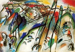 Improvisation 28 Vassily Kandinsky. 1912 C.E. Oil on canvas His style had become more abstract and nearly schematic in its spontaneity. This painting's sweeping curves and forms, which dissolve significantly but remain vaguely recognizable, seem to reveal cataclysmic events on the left and symbols of hope and the paradise of spiritual salvation on the right.