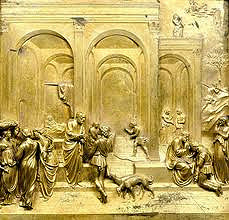 Isaac and His Sons by Ghiberti, 15th Cen. Italian Ren 
- space, pictorial perspective, modeled figures for mass/volume 
- figures bottom half, create recession into space, movement w/columns 
- graceful women: controppasto, twisted slightly 
- own segment of women positioned in front of arches, planes of space created 
- scenes of genesis on different levels