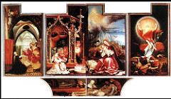 Isenheim Altarpiece by Grunewald, 16th N Ren
- attention to despair, many layers of panels - oil on wood
- monastaic order of St Anthony - St Anthony's 'fire' - miraculous cures, 
- St Anthony: absorbing pain as represented through arrows in body (disease - ergotism, convulsions, gangrene)
- St Sebastian: brings hope to people
- Predella: Removed from cross, being entombed, placement off center - 'amputates' arm and legs whe opened
- carved wooden shrine, 2 pairs of moveable panels
- Annunciatiion, Angelic Concert, Resurrection, Madonna and child 
- Innermost shrine w/Anthony and Paul - carved wooden sculpture 
- whole idea moved through color, more horror on outside, inner - brightness of color, inner truth of hope.