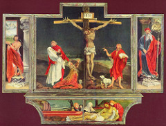 Isenheim Altarpiece. Matthias Grunewald. c. 1512-1516 CE. Oil on wood. (Note: pay attention to Crucifixion scene and other side, with Resurrection, Annunciation scenes)