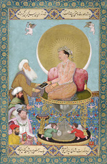 Jahangir Preferring a Sufi Shaikh Bichitr. c. 1620 C.E. Watercolor gold, and ink on paper Jahangir's artists begin to create allegorical portraits with symbolic references. This painting, for example, asserts that Jahangir favors the spiritual over the worldly. He hands a book, the most respected of objects in both Islam and the Mughal court, to a Sufi shaykh (a religious scholar). Below (and therefore implicitly less important than) the shaykh stand an Ottoman sultan and King James I of England. Bichitr's self-portrait in the lower left corner conveys the respect that Jahangir accorded to painters.