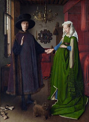 Jan van Eyck, Netherlandish Arnolfini Wedding Portrait. 1434. (London, NG) Northern Renaissance -(Book) -Both the Merode Altarpiece (Campin) and the Ghent Altarpiece contain portraits of their donors, growing tradition and interest in secular art within religious works -These paintings marked a revival of portraiture, a genre that had disappeared since antiquity, -The Arnolfini Wedding Portrait is a secular portrait with religious overtones. -Van Eyck depicted Lucca financier (who had established himself in Bruges as an agent of the Medici family) and his betrothed in a Flemish bedchamber that is simultaneously mundane and charged with the spiritual. -As in the Merod Altarpiece, almost every object portrayed conveys the meaning of the event, specifically the holiness of the matrimony. -Arnolfini and his bride, take their marriage -the cast aside clogs indicate that this event is taking place on holy ground -the doh symbolized fidelity (Latin word for canine 'Fido' meant 