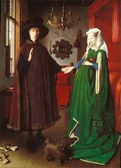 Jan Van Eyck
Giovanii Arnolfini and His Bride
1434
Oil on wood
- Van Eyck played a major role in popularizing oil painting and in establishing portraiture as an important art form. In this portrait of an Italian Financier and his wife, he also portrayed himself in the mirror 
- Emerging capitalism led to an urban prosperity that fueled the growing bourgeois market for art objects - contributing to the growing interest of secular art
- Different objects symbolize different things