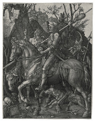 Knight, Death, and the Devil by Durer, 16th Cen N Ren
- Engraving 
- Surface area
- Stable knight, n landscape, nature is more harsh, unforgiving
- dog = fidelity for christian knight representing fath, only armed with
- faith - Devil in backtal in mortality
- 'whole armor of god'
- Monumental in mortality
- 'whole armor of god'
- Monumental knight - strength and proportions, insporation around same 
- Intense deatil
- Hatching to make things fluid and gradual