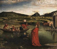 Konrad Witz
Miraculous Draught of Fish, from the Altarpiece of Saint Peter
Geneva, Switzerland
1444
Oil on wood
- Konrad Witz set this Gospel episode on Lake Geneva. The painting is one of the first 15th century works depicting a specific landscape and is noteworthy for the painter's skill in rendering water effects