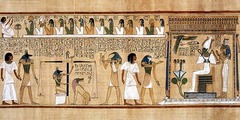 Last judgement of Hu-Nefer, from his tomb New Kingdom, 19th Dynasty. c. 1,275 B.C.E. Painted papyrus scroll In Hu-Nefer's scroll, the figures have all the formality of stance,shape, and attitude of traditional egyptian art. Abstract figures and hieroglyphs alike are aligned rigidly. Nothing here was painted in the flexible, curvilinear style suggestive of movement that was evident in the art of Amarna and Tutankhamen. The return to conservatism is unmistakable.
