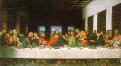 Leonardo da Vinci, Italian. Last Supper, 1495-98. High Renaissance -commissioned for the refectory of a church in Milan, -Christ and his 12 disciples sit at a long table placed parallel to the picture plan in a simple, spacious room. -The austere setting amplifying the highly dramatic action -Christ with his outstretched hands, has just said, 