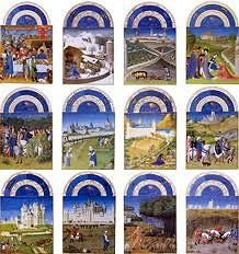 Les Tres Riches Heures du duc de Berry by Limbourg Brothers, 15th Cen. Northern Ren 
- Book of hours replaced gospels, used for recitation of prayers 
- Pages illumines, 6 pages of blah and blah
- Center - office of blessed virgin, part of religious references, devotional 
- decentralisation of government, later afected reformation
-lunettes w/chariots of sun with monthly cycles, yearly cycle 
- power of duke and power w/peasants 
- propagandistic as it pushed power of duke